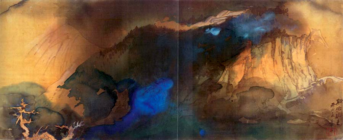 中国美術・純手描き三尺山水画芯・水墨画・張大千印款・肉筆・宣紙 
